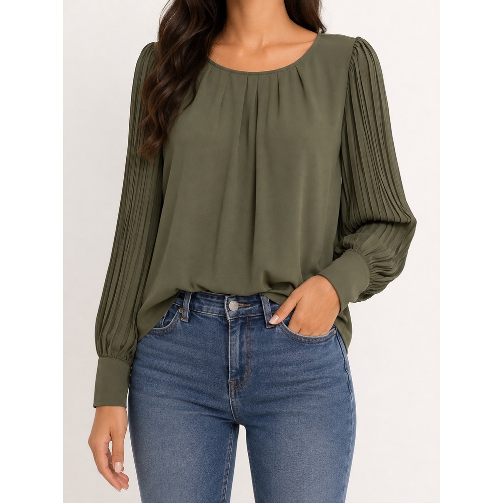 Belle by Kim Gravel Olive Green Pleated Sleeve Blouse Top Medium